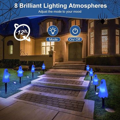 8Pcs Ghost Halloween Decor Pathway Lights Outdoor, Solar Powered Ghost Stake Lights with 8 Lighting Modes, Waterproof Halloween Decorations for Garden/Yard/Patio