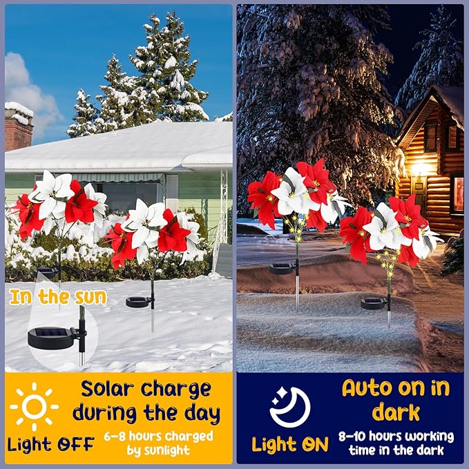 VIHOSE 4 Pcs Christmas Solar Poinsettia Lights Outdoor Artificial Flowers Landscape Waterproof Solar Poinsettia Lights for Yard Lawn Patio Garden Pathway Xmas Party Supplies (7 Flowers,Red,White)