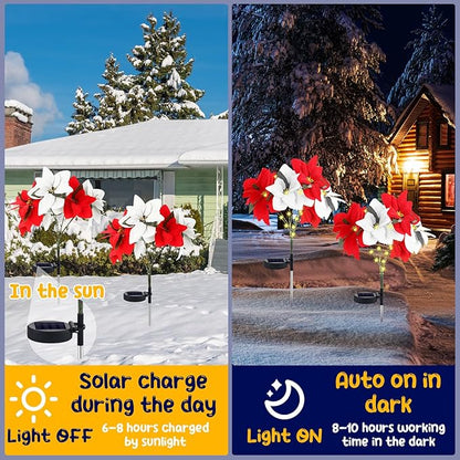 VIHOSE 4 Pcs Christmas Solar Poinsettia Lights Outdoor Artificial Flowers Landscape Waterproof Solar Poinsettia Lights for Yard Lawn Patio Garden Pathway Xmas Party Supplies (7 Flowers,Red,White)