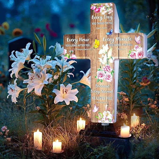 Retisee Christian Solar Cross for Cemetery Grave Garden Stake Light Decor Sympathy Memorial Gift Remembrance Biblical Religious Waterproof Light Outdoor Spring Butterfly Flower Stake for Yard Lawn