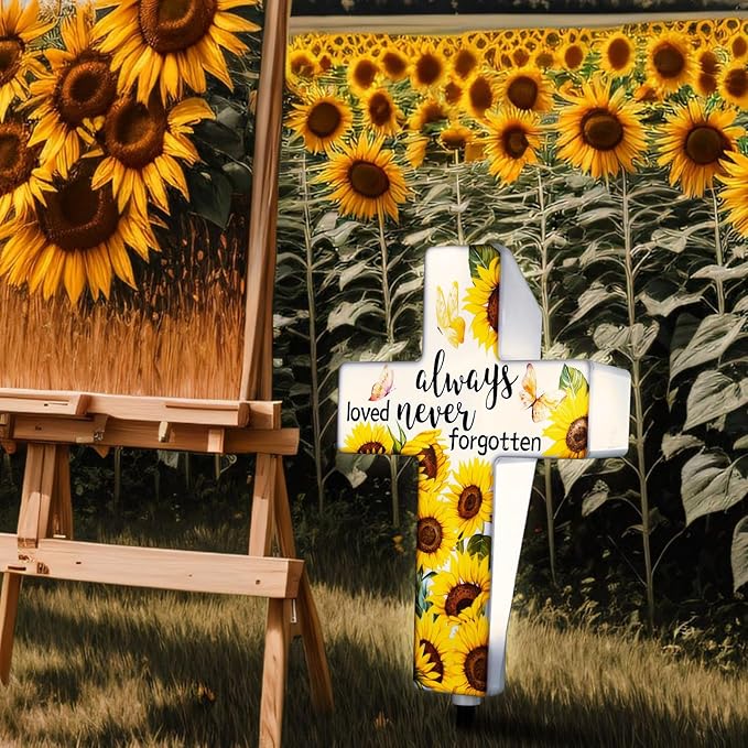 VIHOSE Sunflower Solar Lighted Cross Always Loved Never Forgotten Outdoor Sunflower Solar Decoration Memorial Light up Cross Stake for Home Outside Church Cemetery Garden Yard Porch Lawn Decor