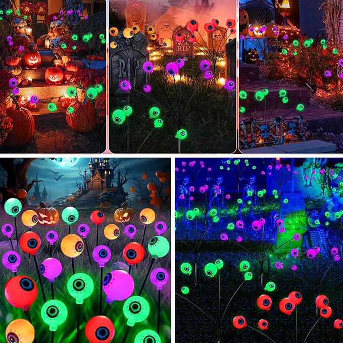 Halloween Solar Eyeball Lights Outdoor Waterproof 4 Pack 32 LED Scary Spooky Eyeballs Light 8 Mode Solar Garden Lights for Yard Path Party Decor Halloween Decorations (Green+Red+Purple+Orange)