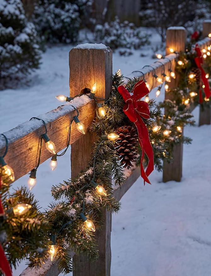 C7 Christmas Lights Outdoor, 25Ft Outdoor Christmas String Lights with 25 Warm White Incandescent Bulbs, Hanging Vintage Christmas Decorations Light for Roofline House Garden Patio Backyard