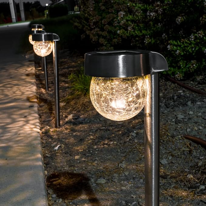 Crosslight Solar Powered Pathway Lights (4 Pack) - Hanging Crackled Ball Outdoor LED Lights, Waterproof for Garden, Yard, Patio, Lawn, Walkway - Decorative Ground Stake Lighting | Warm White