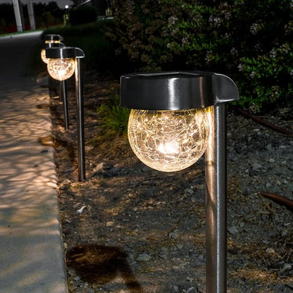 Crosslight Solar Powered Pathway Lights (4 Pack) - Hanging Crackled Ball Outdoor LED Lights, Waterproof for Garden, Yard, Patio, Lawn, Walkway - Decorative Ground Stake Lighting | Warm White