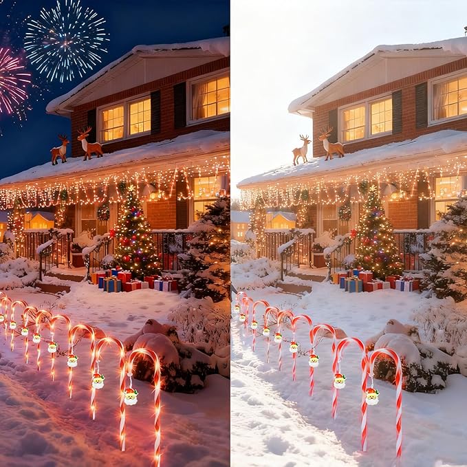 Solar Christmas Decorations Outdoor: 12 Pack 8 Blinking Models Waterproof Red Candy Cane Lights - 21" Santa Claus | Lumora