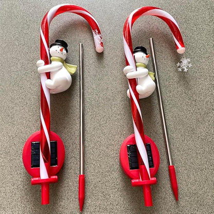 2 Pieces Set 27 Inch Christmas Solar Snowman Candy Cane Lights Pathway Markers Waterproof Outdoor Landscape Lights Decor Garden Spotlights for Xmas Party Lawn Wedding Festival CCN2