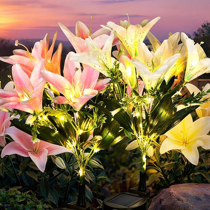 GIGALUMI Solar Garden Lights, LED Lily Garden Decor Carefree Solar Flowers Outdoor Waterproof, Yard Decorations Outdoor, Allergy-Free, Everlasting Light up Flowers for Yard Patio Garden (Set of 2)
