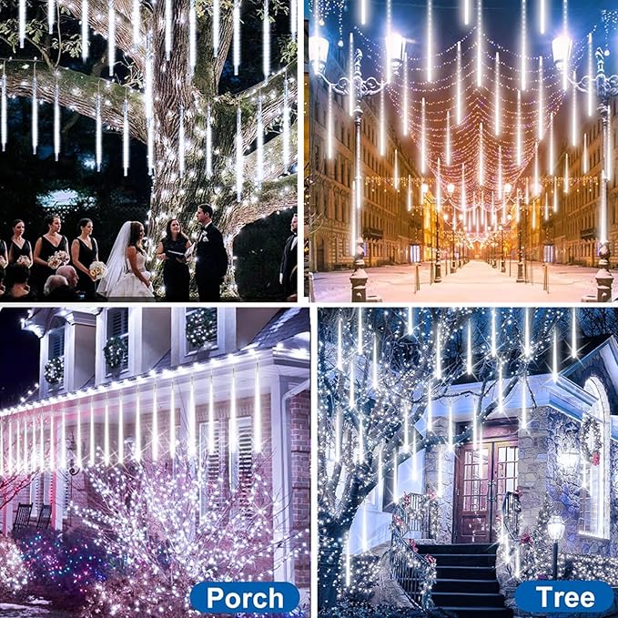 Meteor Shower Lights Outdoor Christmas Lights UL Certified Falling Rain Drop Snowfall Icicle Cascading String Light for Xmas Holiday Tree Wedding Party Garden Decor White, 20 Inch 20 Tubes
