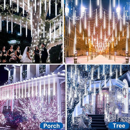 Meteor Shower Lights Outdoor Christmas Lights UL Certified Falling Rain Drop Snowfall Icicle Cascading String Light for Xmas Holiday Tree Wedding Party Garden Decor White, 20 Inch 20 Tubes