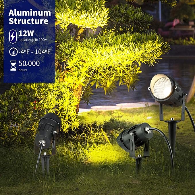 BACKLIGHT Outdoor Landscape LED Lighting 12W Waterproof Garden Lights COB Led Spotlights with Spiked Stand 120V for Lawn Decorative Lamp US 3- Plug 3000K Warm White(2Pack)