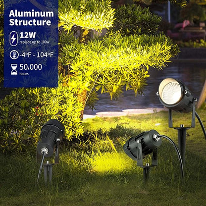 BACKLIGHT Outdoor Landscape LED Lighting 12W Waterproof Garden Lights COB Led Spotlights with Spiked Stand 120V for Lawn Decorative Lamp US 3- Plug 3000K Warm White(2Pack)