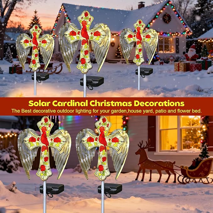 Solar Cross Lights Outdoor, Solar Cardinal Stake Lights Cemetery Decorations for Grave, Jesus Cross Sympathy Memorial Gifts for Christmas Women Mom, Glass Garden Art for Cemetery Yard Patio