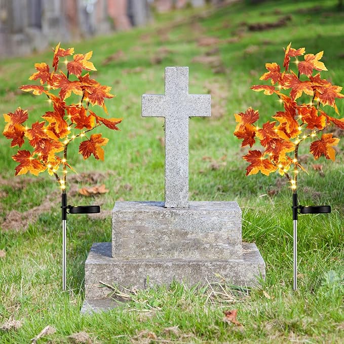 2 Pack Fall Solar Lights Outdoor Decorative, 35 LED Maple Leaf Solar Stake Lights Waterproof Fall Decor for Autumn Garden Yard Outside Pathway Halloween Thanksgiving Decorations
