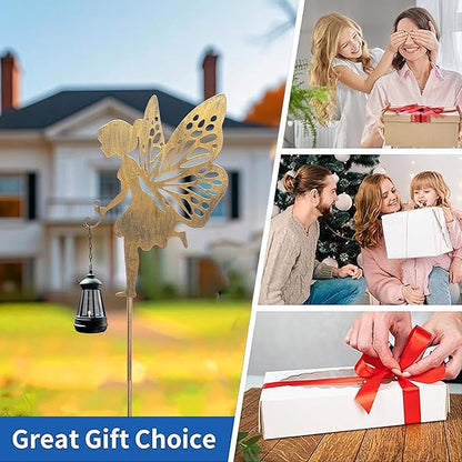 Solar Fairy Garden Decor, Metal Running Fairy Statues Stakes, Outdoor Waterproof Garden Ornament for Patio, Lawn, Yard, Housewarming Gift for Gardening Mom Grandma