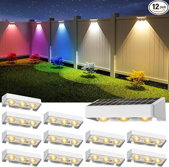NIORSUN Solar Fence Lights,12 Pack Solars Deck Light,RGB Color,Outdoor Bulb Waterproof Led IP65,Power Patio Lamp with Lenses for Outside/Backyard/Railing/Yard(White)