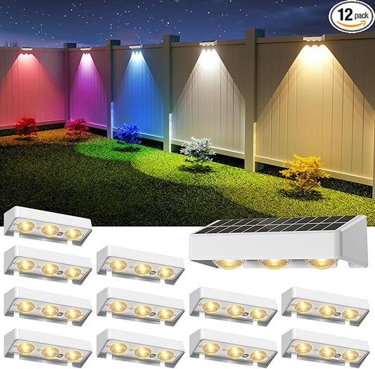 NIORSUN Solar Fence Lights,12 Pack Solars Deck Light,RGB Color,Outdoor Bulb Waterproof Led IP65,Power Patio Lamp with Lenses for Outside/Backyard/Railing/Yard(White)