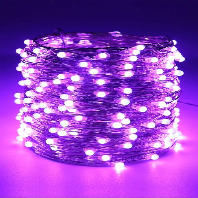 RUICHEN Dimmable Purple Fairy Lights Plug in, Waterproof Silver Wire 66 Ft 200 LED Starry String Lights with Remote for Christmas Halloween Party Bedroom Patio Garden