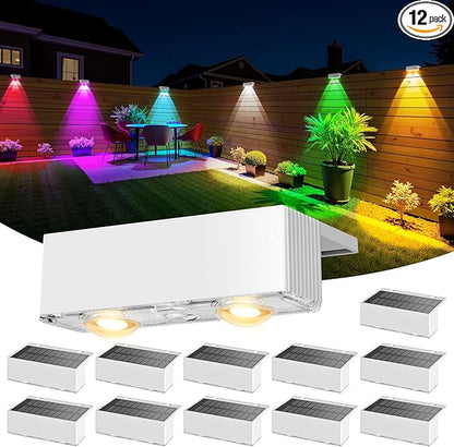 NIORSUN Solar Fence Lights,12 Pack Deck Light,Led Outdoor Lamp 3000K/6000K + RGB Wall Lights,IP45 Waterproof Solar Powered Light for Backyard/Pool/Railing/Patio/Porch/Step (White)