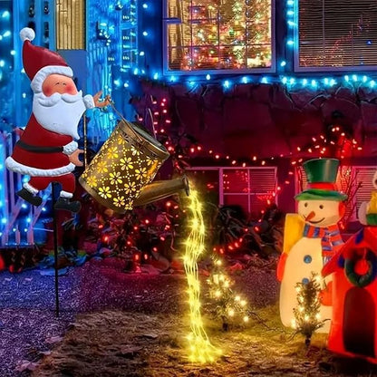Christmas Santa Solar Kettle Lights Garden Lawn Vintage Metal Santa Claus Solar Watering Can with LED Light, Waterproof Outdoor Lantern Decoration for Patio, Pathway, Yard