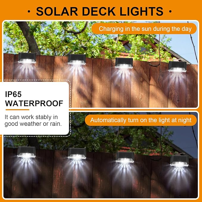 Geelin 32 Pcs Solar Deck Lights Outdoor, Waterproof LED Solar Step Fence Lights for Stairs, Step, Railing, Patio, Driveway, Garden, Pathway and Yard(Black Shell Cool White Light)