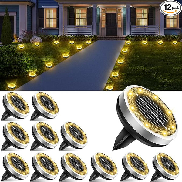 Solar Lights Outdoor Waterproof, 12 Pack 8 LED, Thickened Stainless Steel Ground Light, Solar Garden Lights | Lumora