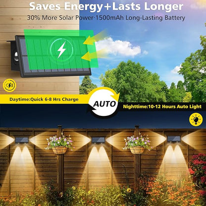 T-SUN Solar Fence Lights Waterproof LED Wall Lights Outdoor with 2 Bright Modes Warm White Solar Powered Dusk to Dawn Fence Light for Backyard Railing Patio Porch Pool 4 Pack