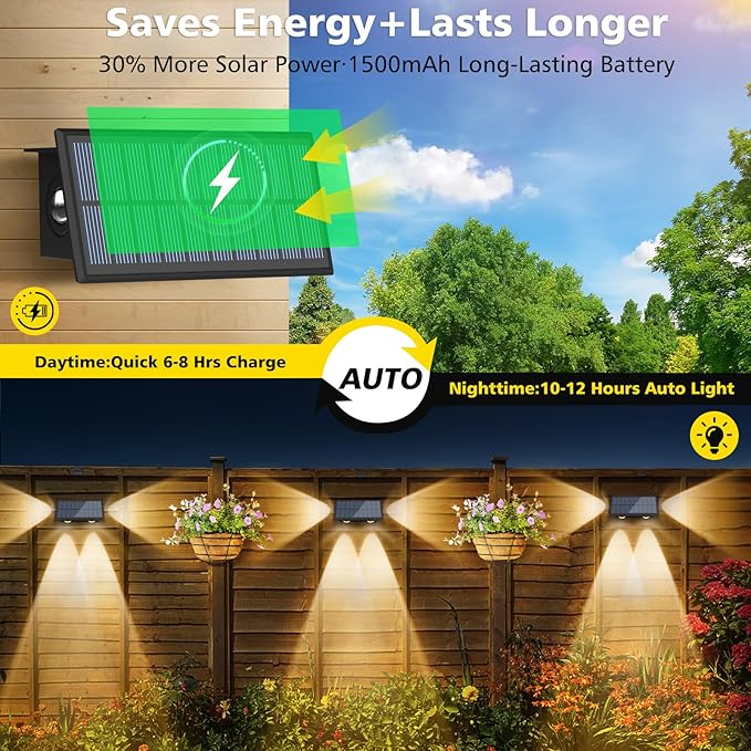 T-SUN Solar Fence Lights Waterproof, LED Wall Lights Outdoor with 2 Bright Modes Warm White Solar Powered, Fence Light for Backyard Railing Patio Porch Pool (6 Pack, Warm White)