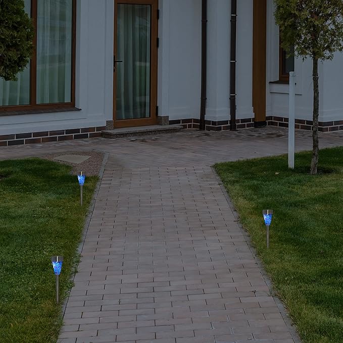 Northlight Set of 3 Blue Mosaic Stained Glass Solar Powered LED Pathway Markers, 15.5"