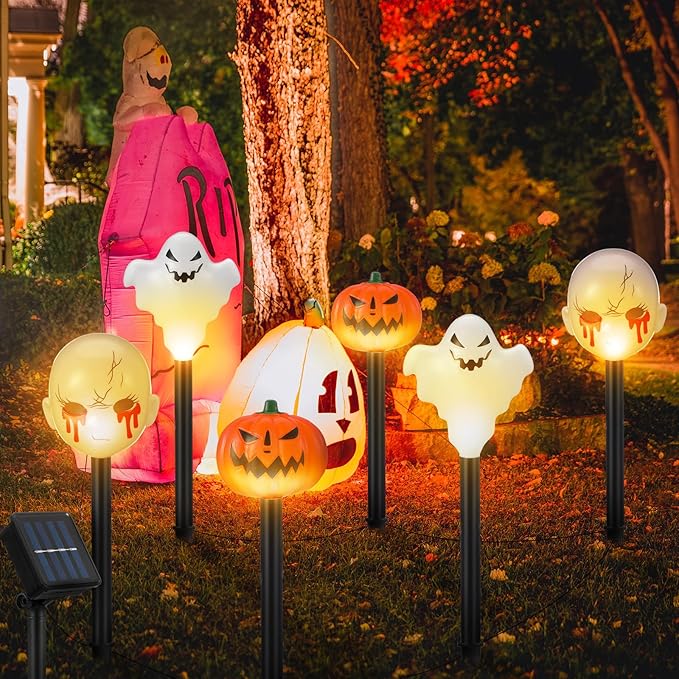6 Pack Halloween Decorations Outdoor Solar Stake Lights Halloween Lights Waterproof for Garden Patio Yard Pathway Grave Lawn Porch Party Decor(Purple Ghost)