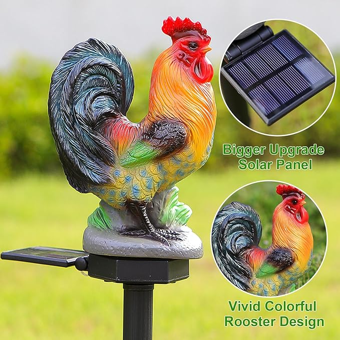 Solar Rooster Lights Outdoor Decorative,Solar Chicken Decor Garden Stakes Lights,Waterproof Chicken Statue with Led Lights Yard Art for Pathway Lawn Patio Courtyard Backyard(Warm White)