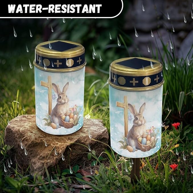 Cute Rabbit Solar Light Outdoor Waterproof Easter Solar Lights Outdoor Solar Cross for Cemetery Grave Flameless Solar Powered Light for Prayer Solar Lights for Outside Yard Walkway
