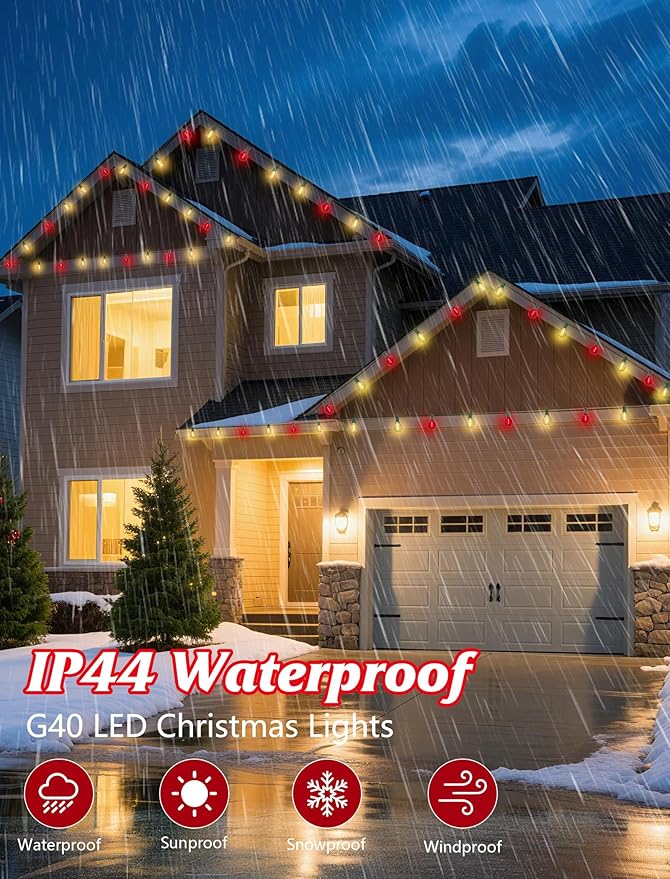 SUNSGNE Red and White Christmas Lights, 50FT G40 Globe Christmas Lights with 27 LED Round Xmas Light Bulbs(2 Spare) | Lumora