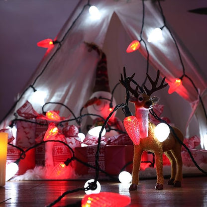 Brizled Red & White Christmas Lights, 33ft 50 LED Faceted C9 String Lights Outdoor, Linkable Christmas Tree Light, UL Certified Indoor Xmas Light Waterproof for House Roof Xmas Valentine's Day Party