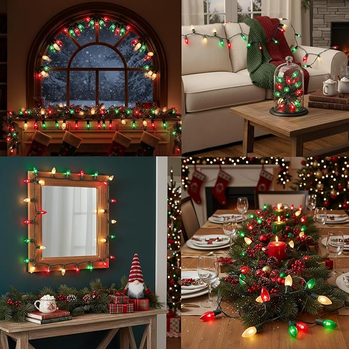 25FT C9 Christmas Lights Outdoor,Red White Green Christmas Lights with 26 Bulbs(1 Spare),C9/ E17 Base,Vintage Colored String Light for Garden, Yard, Party, Xmas Tree Decorations