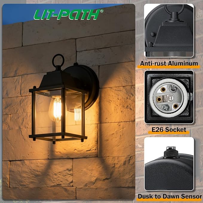 LIT-PaTH Dusk to Dawn Outdoor Wall Lantern, Wall Sconce, Waterproof Proch Light Fixture E26 Base, Aluminum Housing | Lumora