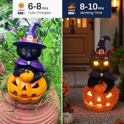 Solar Witch Black Cat Figurine Light for Gothic Theme Party, Solar Outdoor Lights Harvest Pumpkin LED Spooky Cat Garden Statue Led Yard Light Patio Porch Pathway, Fall Decor Home Gifts for Cat Lovers