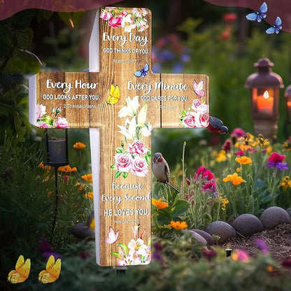 Retisee Christian Solar Cross for Cemetery Grave Garden Stake Light Decor Sympathy Memorial Gift Remembrance Biblical Religious Waterproof Light Outdoor Spring Butterfly Flower Stake for Yard Lawn