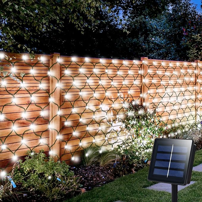 echosari Solar Net Lights Outdoor, 100 LED 5Ft x 5Ft Bush Net Light Outdoor Mesh Lights Auto On/Off 8 Modes for Tree Fence Wall Roof Backyard Bush Decor (Cool White)