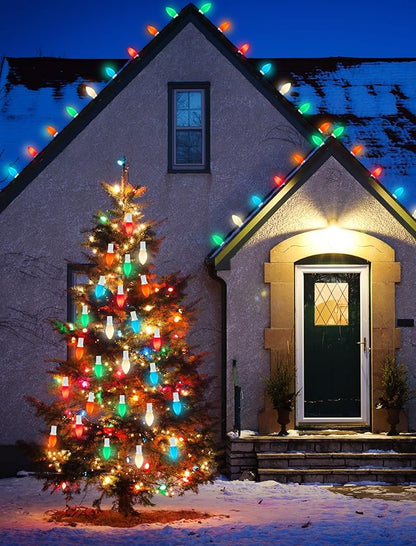 C7 Christmas Lights Outdoor, 25Ft Vintage Christmas String Lights with 27 Multicolor Ceramic Bulbs, Hanging Christmas Decorations Lights for Xmas Tree Roofline House Garden Patio Yard-White