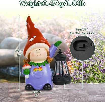 Gnome Statue Garden Ornaments Art Outdoor Decoration with Solar Powered LED Lights Decor for Patio,Balcony,Yard, Mum Birthday Gifts, Garden Gifts for Women, Chrismtas Gifts for Mom Grandma