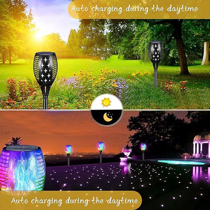 YoungPower Multi Color Halloween RGB Christmas Outdoor Solar Torch Lights, Flickering Flame Solar Garden Lights Decoration Waterproof Outside Yard Decor, 4 Pack