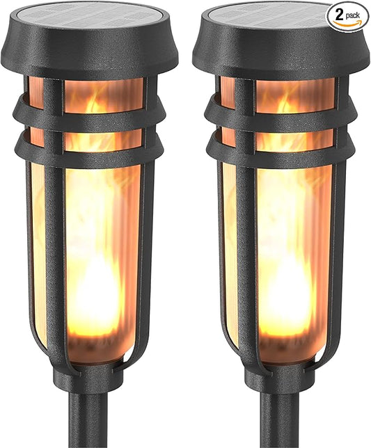 FoxFlame Metal Solar Torch Lights-Adjustable Height (24"-50"), Outdoor Garden Decor with Patented LED, Waterproof Solar Tiki Torches for Yard,Patio,Garden Pathway,Matte Black–2 Pack
