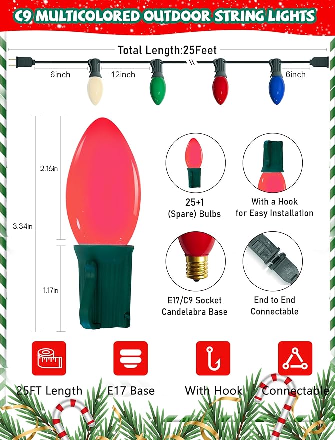 25Ft Multicolor Christmas Lights Outdoor, C9 7W Vintage Ceramic Valentine's Day String Lights with 26 Colorful Bulbs, Hanging Patio Lights for Porch Roofline Christmas Tree Garden Pathway Indoor Decor