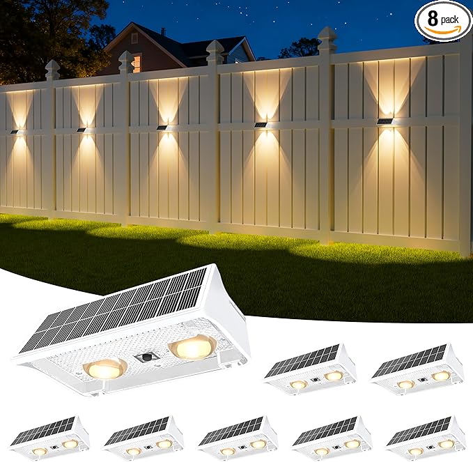 NIORSUN Solar Fence Lights Outdoor, 8 Pack Up and Down Waterproof Solar Wall Lights, Fence Lights with Lens, Warm & | Lumora