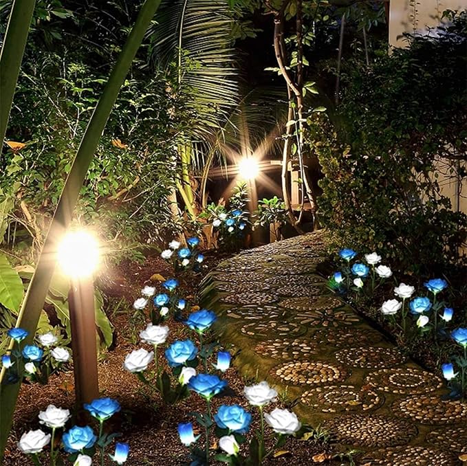 Solar Rose Garden Lights, 2 Pack Realistic Flower Lights, Waterproof LED Decorative Stake Landscape for Patio Pathway Grave Cemetery Outdoor Decor (Blue)