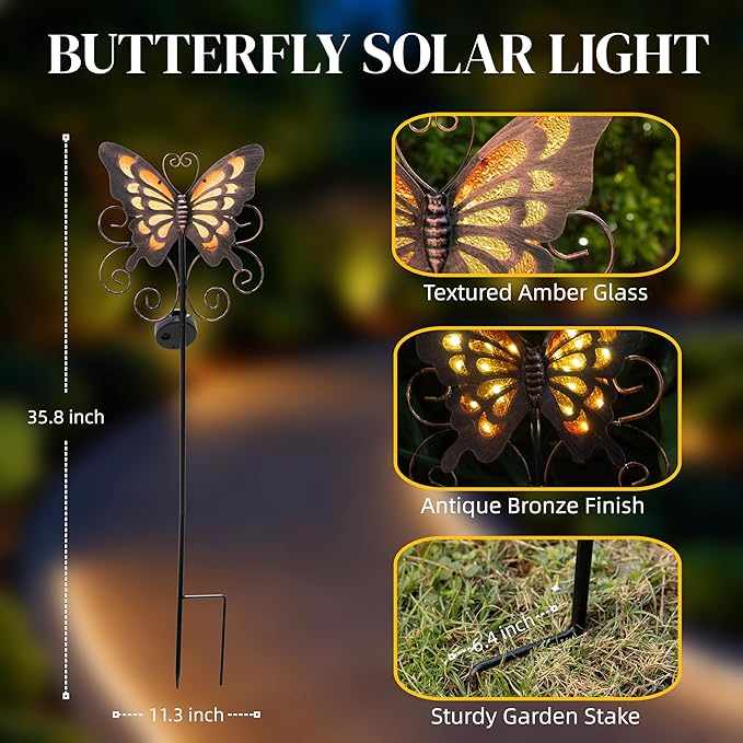 Solar Butterfly Garden Stake – 36 Inch Waterproof Iron & Glass Yard Art, Large Yellow Mariposas Grandes para Decoracion with LED Glow, Decorative Outdoor Power Stake for Lawn & Pathway