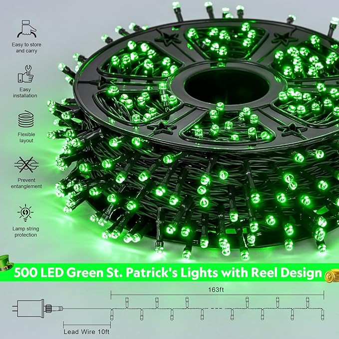 JMEXSUSS 500 LED Green Christmas Lights, 8 Modes St Patrick's Day Lights Outdoor Plug in, 173ft Green String Light for St Patrick's Day Party Xmas Tree Decorations