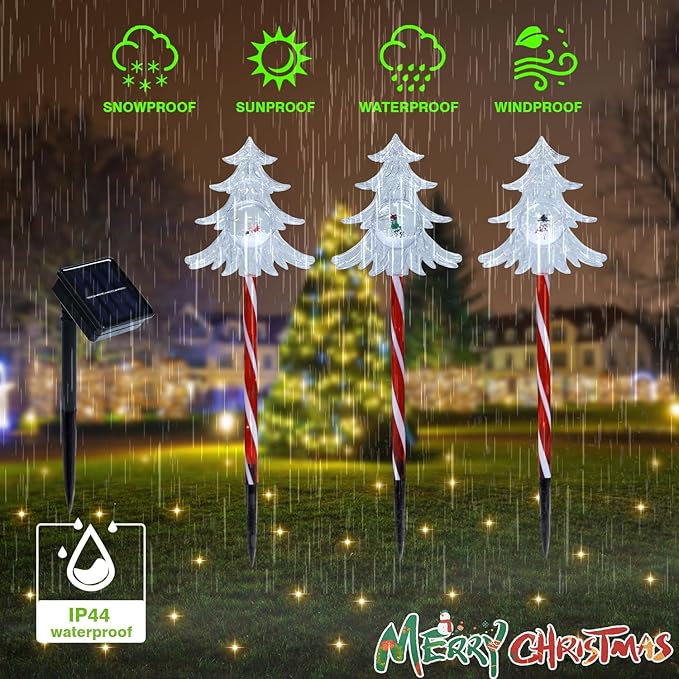 Solar Christmas Pathway Lights Outdoor Decorations, 8 Modes Multicolored Tree Candy Lights, Waterproof Solar Christmas Stake Lights for Yard Walkway Lawn Porch Holiday Decor（3PC）
