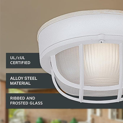 Designers Fountain Outdoor Ceiling Light, 7 Inch Oval Bulkhead Lighting Fixture with Cage Guard, Porch or Patio Ceiling Mount Sconce, White, 2073-WH